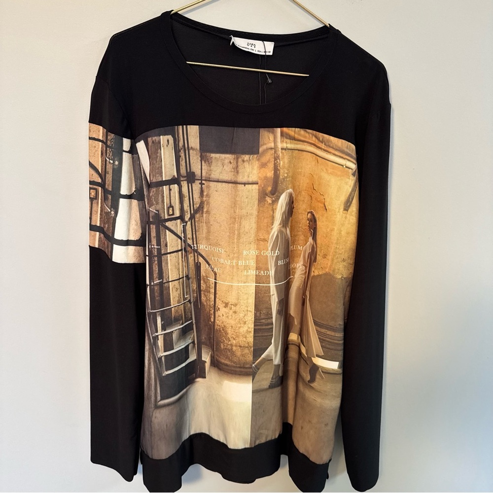 ZARA W & B Women's Graphic TOP Shirt LONG SLEEVE Black & GOLD LARGE NEW